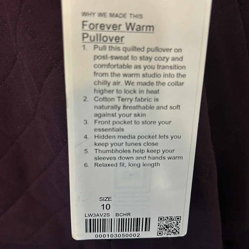 Lululemon Forever Warm Pullover Black Cherry Quilted Half Zip Size 10 NWT - Picture 5 of 13